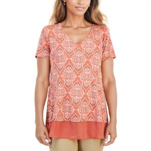 JM Collection Top Womens XL Burnt Brick Paisley Peasant Gauze Blouse Twofer NWT‎